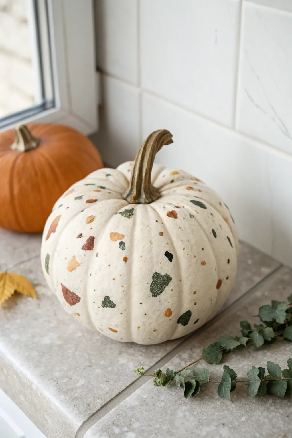Terrazzo speckled pumpkin in muted fall tones for a chic minimalist autumn look