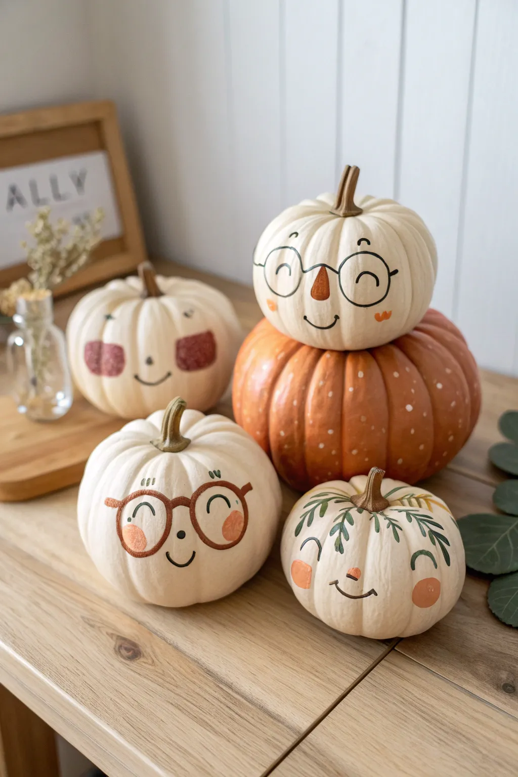 Pumpkin family portrait: four painted faces in soft Nordic tones, a sweet kids craft idea