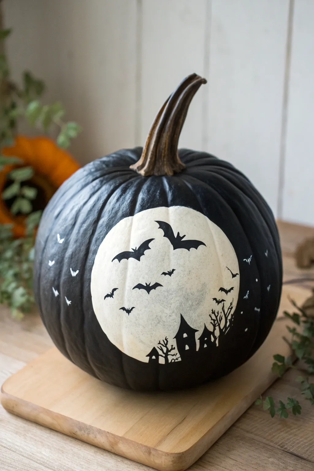 Gothic bat swarm pumpkin with a pale full moon, minimalist moody vibe for bold autumn art.