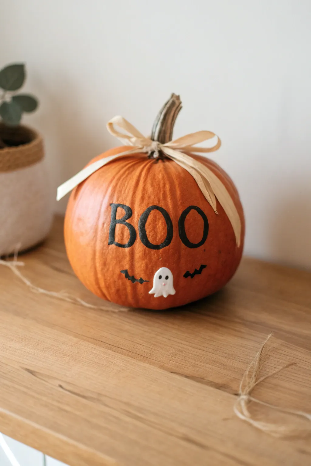 Minimal pumpkin art: bold Boo script with a tiny floating ghost, warm light and linen ribbon