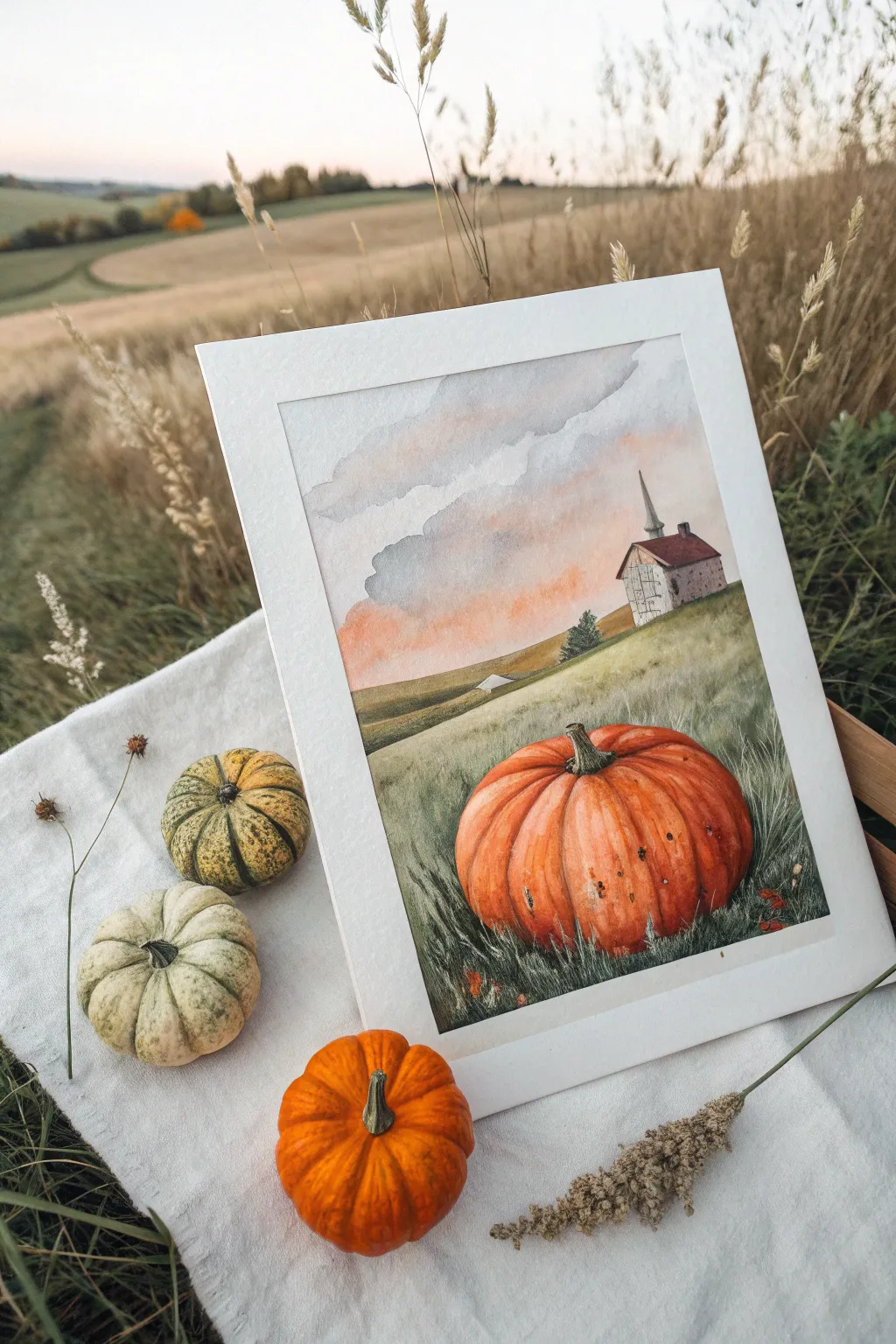 Paint a cozy pumpkin patch with a distant barn using simple shapes and warm autumn tones