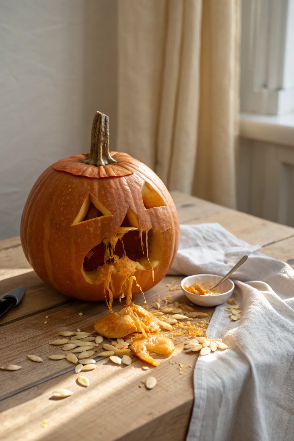 Minimalist spooky pumpkin with glossy guts spill, dramatic side light and cozy neutral tones.