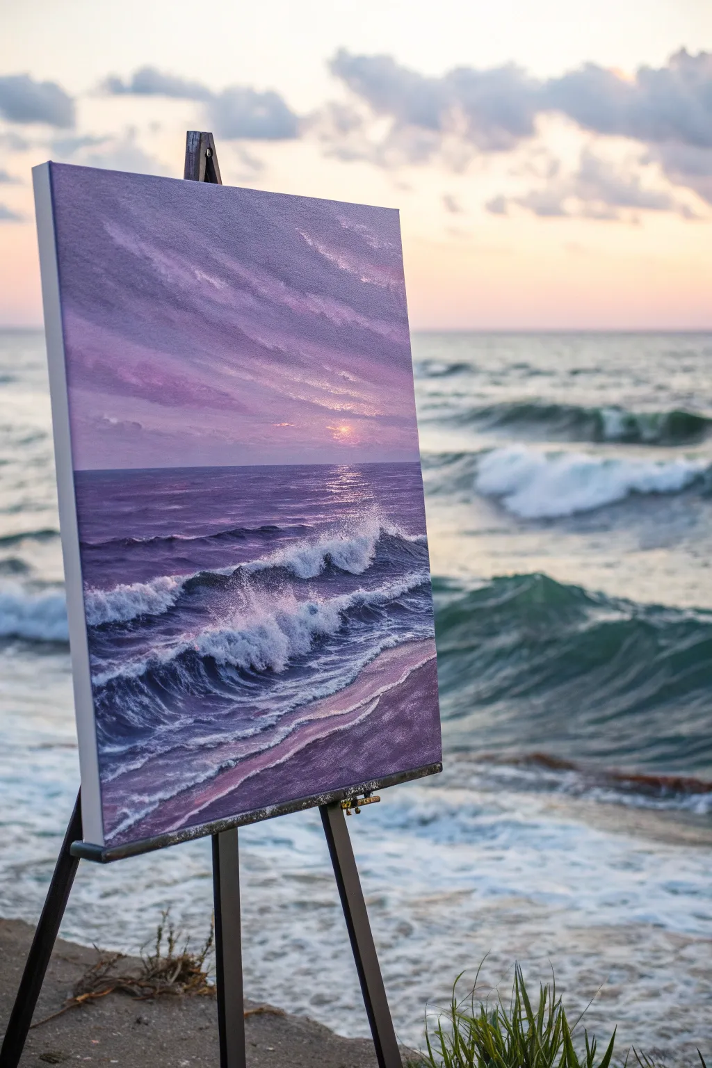 Purple Ocean at Dusk: rolling waves with violet highlights and a glowing horizon gradient.