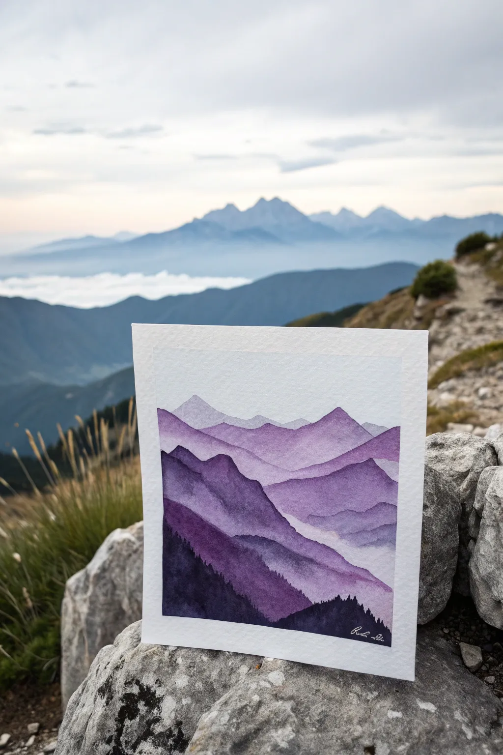 Calm purple mountain silhouettes in layered washes, a minimalist drawing idea with bold contrast