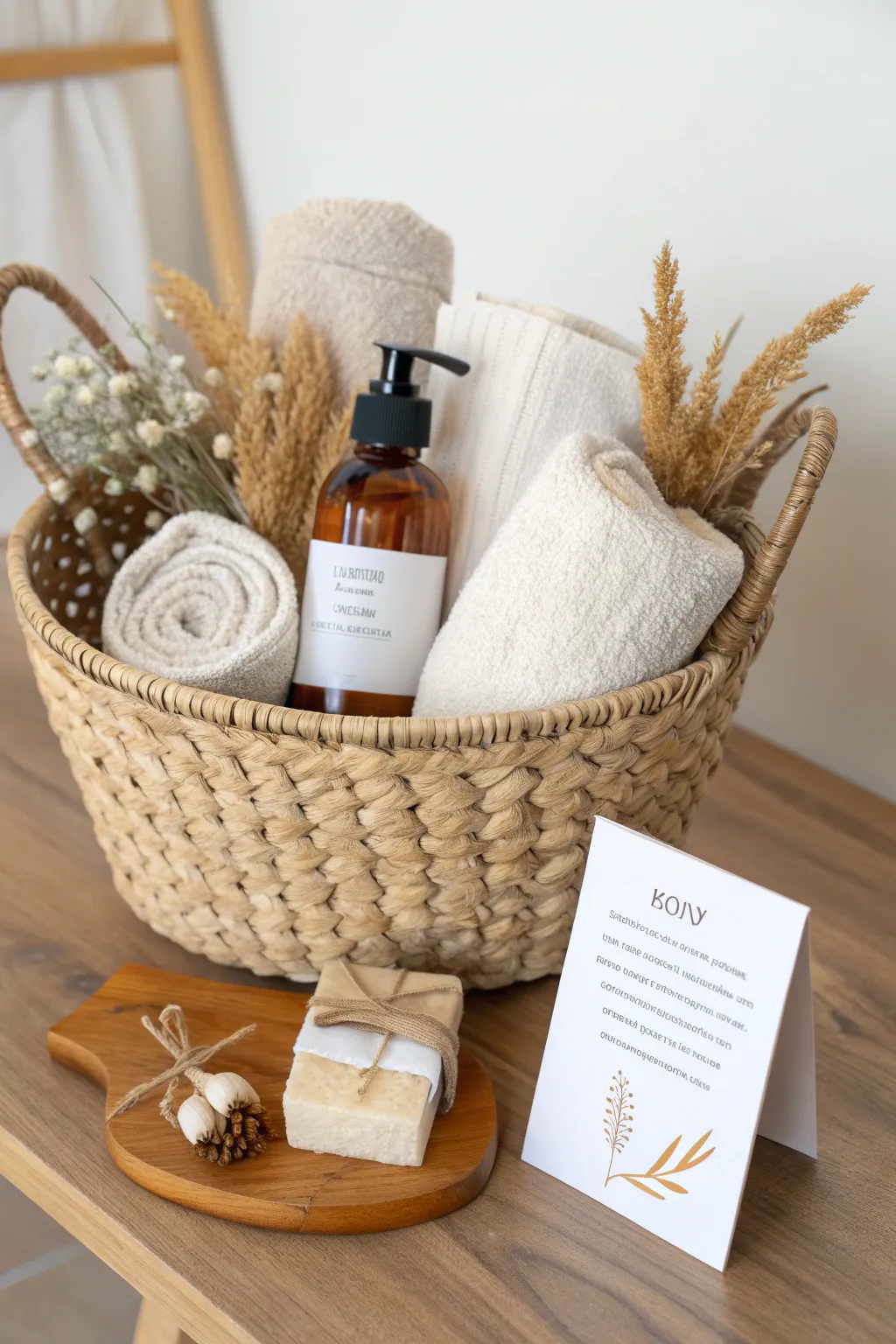 Minimalist boho raffle basket with elegant blank display card, perfect for prize basket ideas