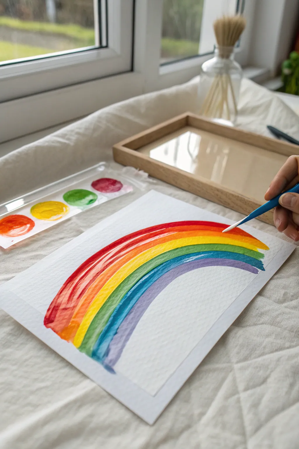 Watch a simple plastic card sweep thick paint into dreamy rainbow arcs, bold texture included.