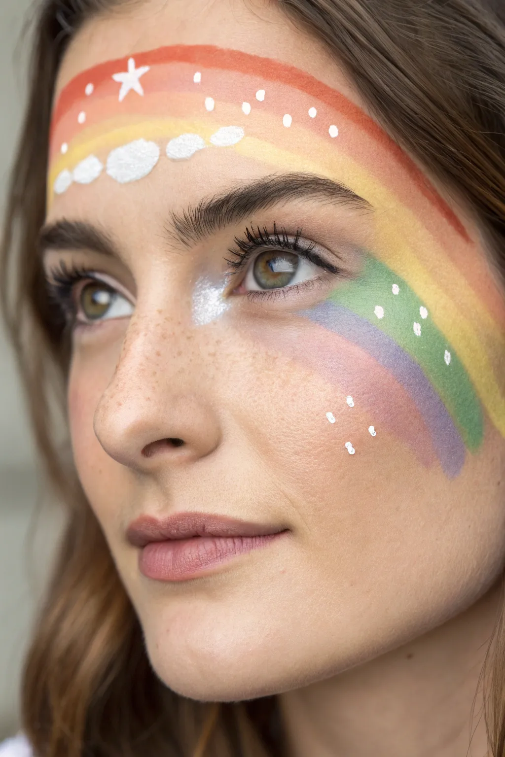 Soft rainbow mask around both eyes with cloud corners and tiny sparkles, clean Scandinavian vibe