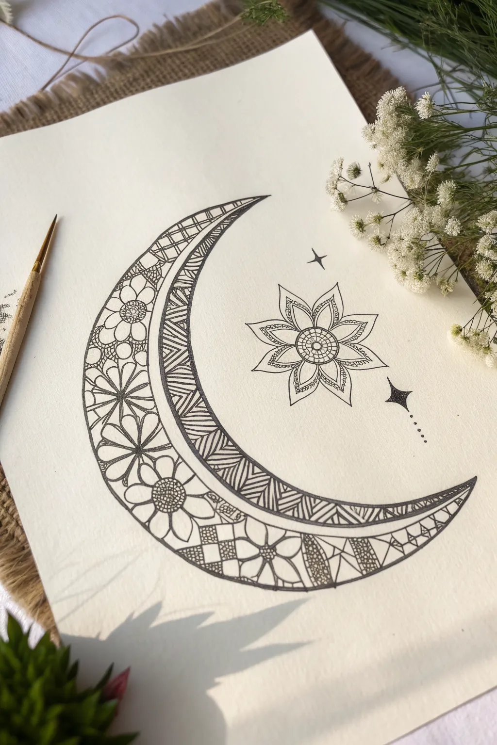 Crescent moon drawing filled with elegant geometric doodles on a clean, minimalist page