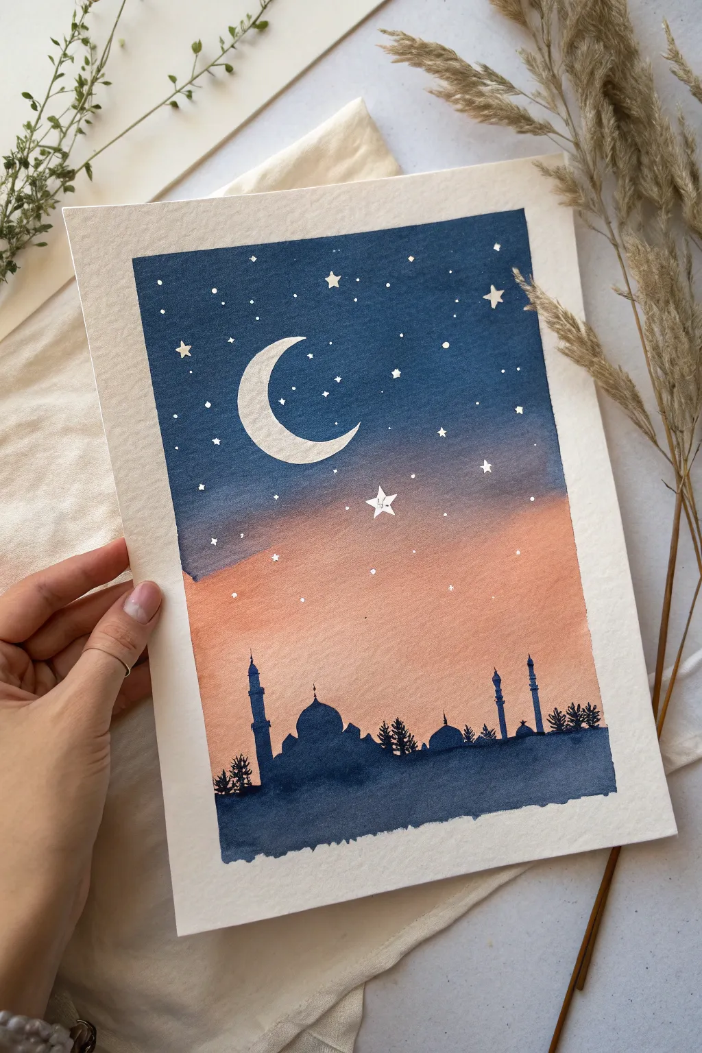 Minimal crescent moon and mosque skyline painting idea with calm Scandinavian Ramadan night mood