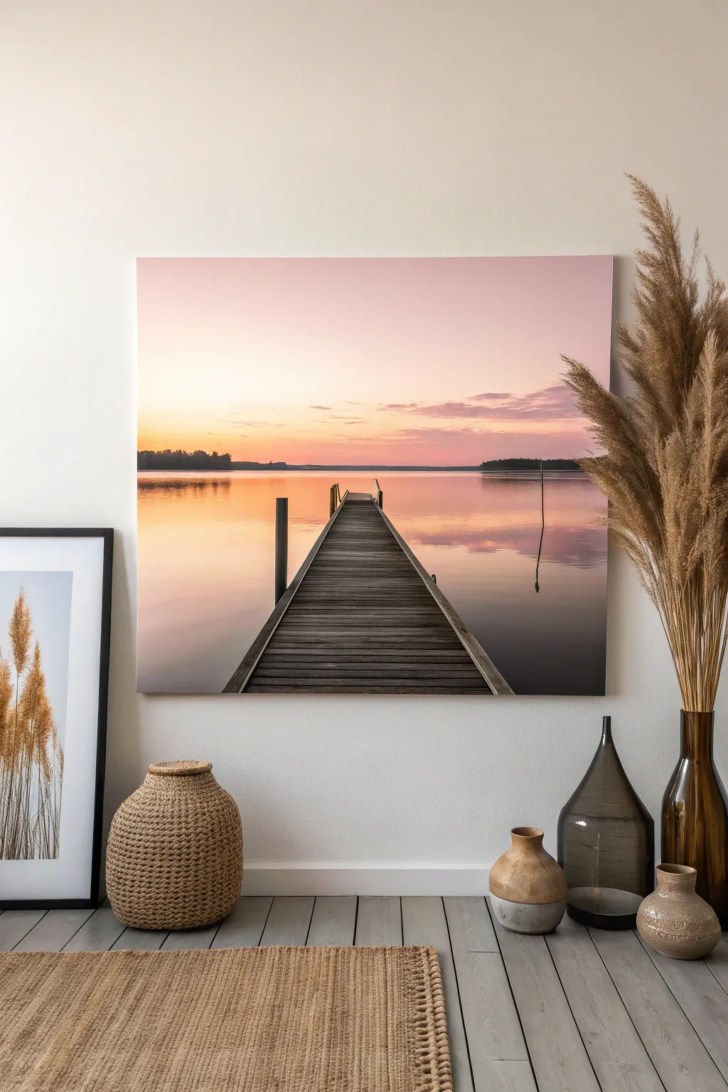 Minimalist wide rectangle dock painting with soft sunset tones and mirrored water reflections