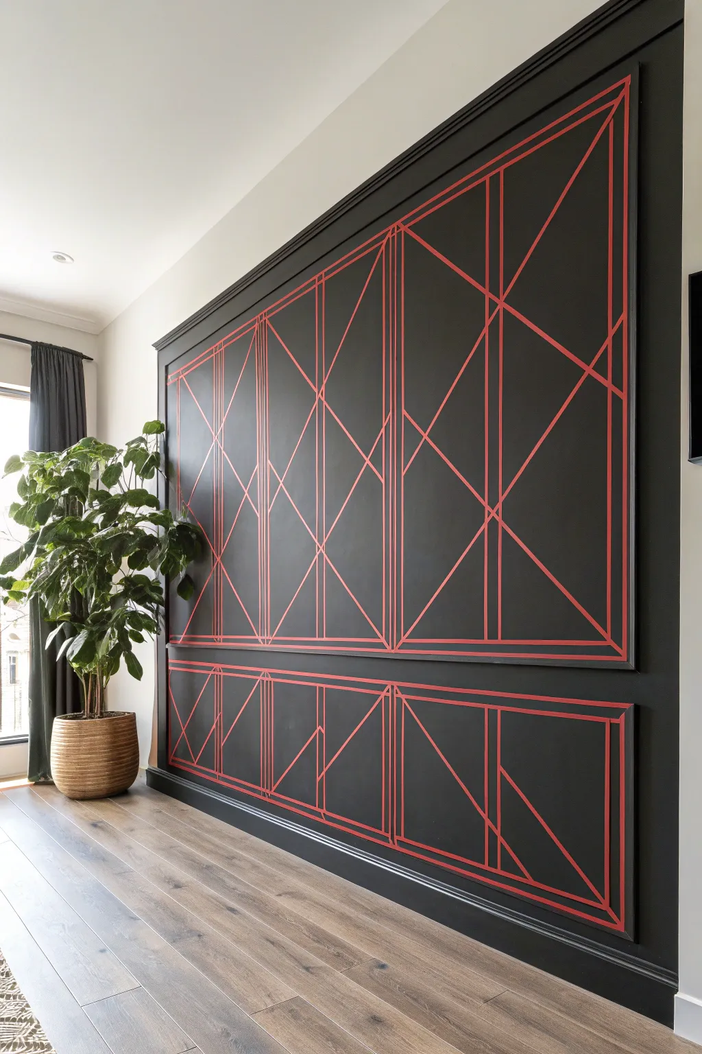 Bold red grid on matte black wall, clean geometry with a soft Scandinavian boho feel