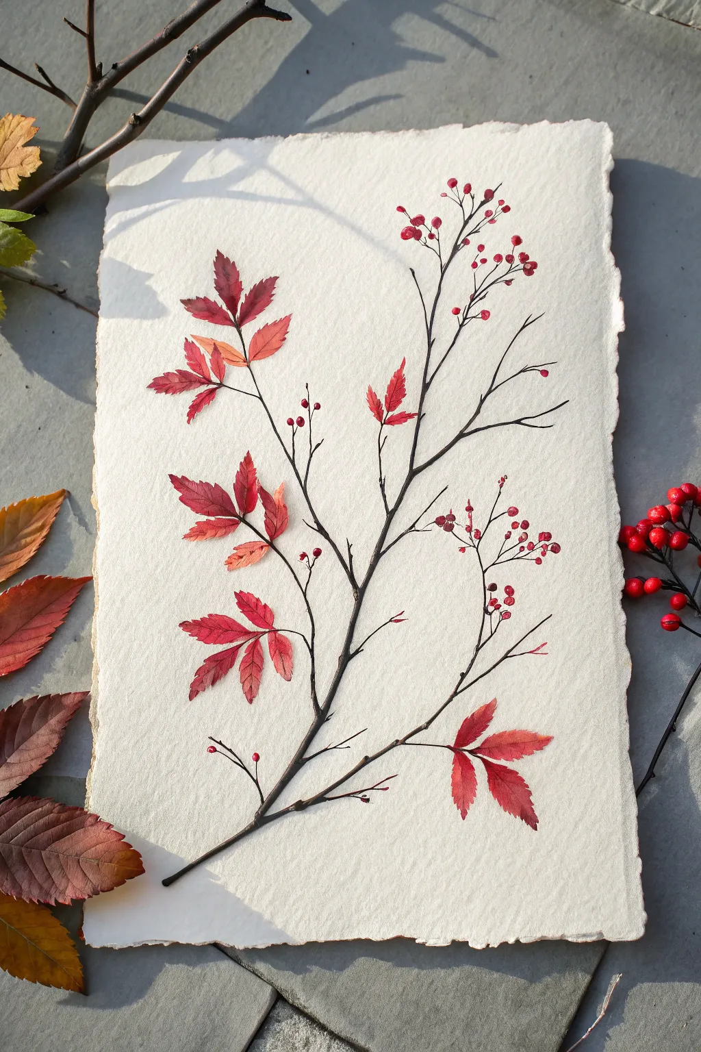 Black stark branches with crisp red autumn leaves, bold contrast on a pale minimalist backdrop.