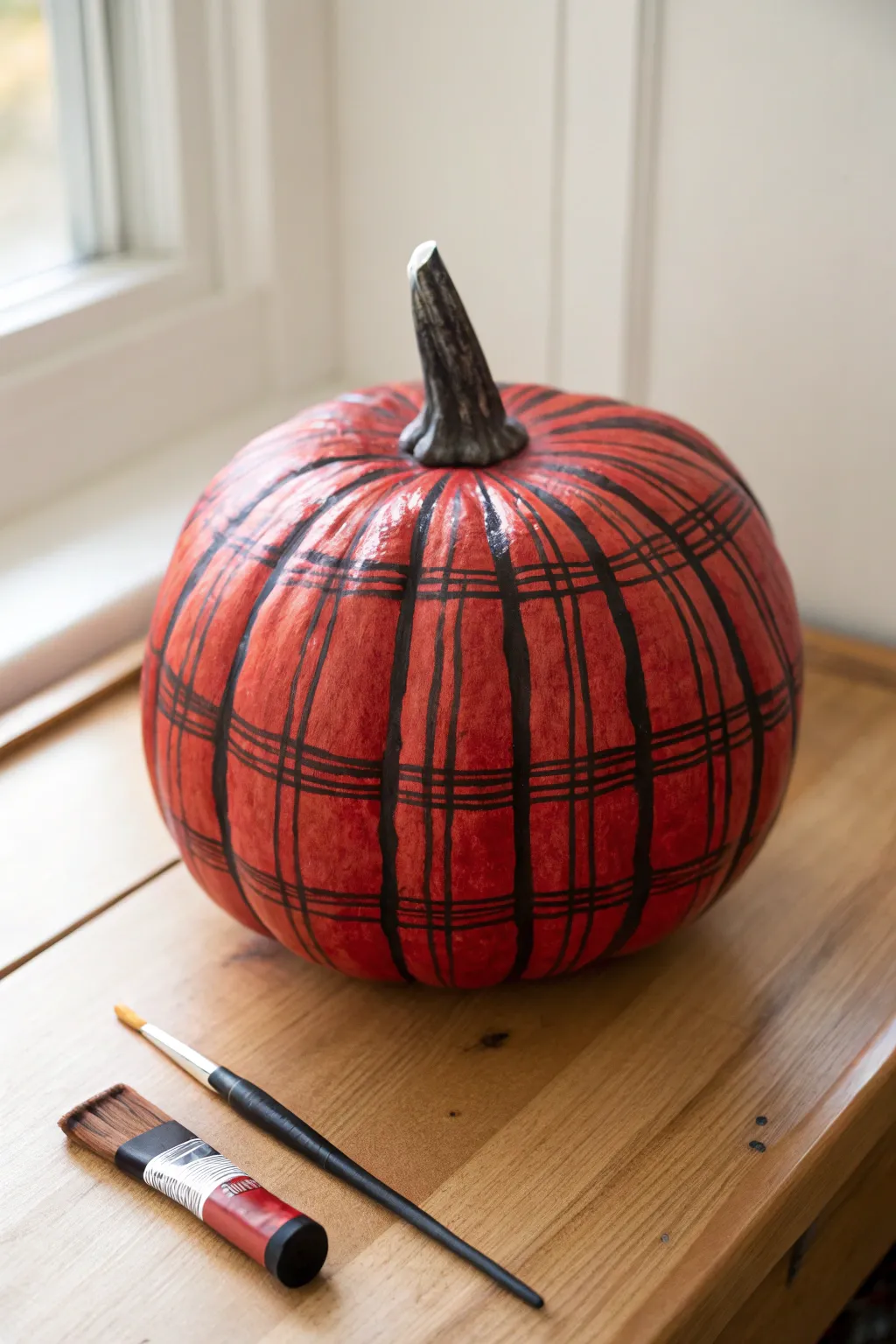 Red plaid linework pumpkin with artisan brush detail, minimalist autumn decor inspiration