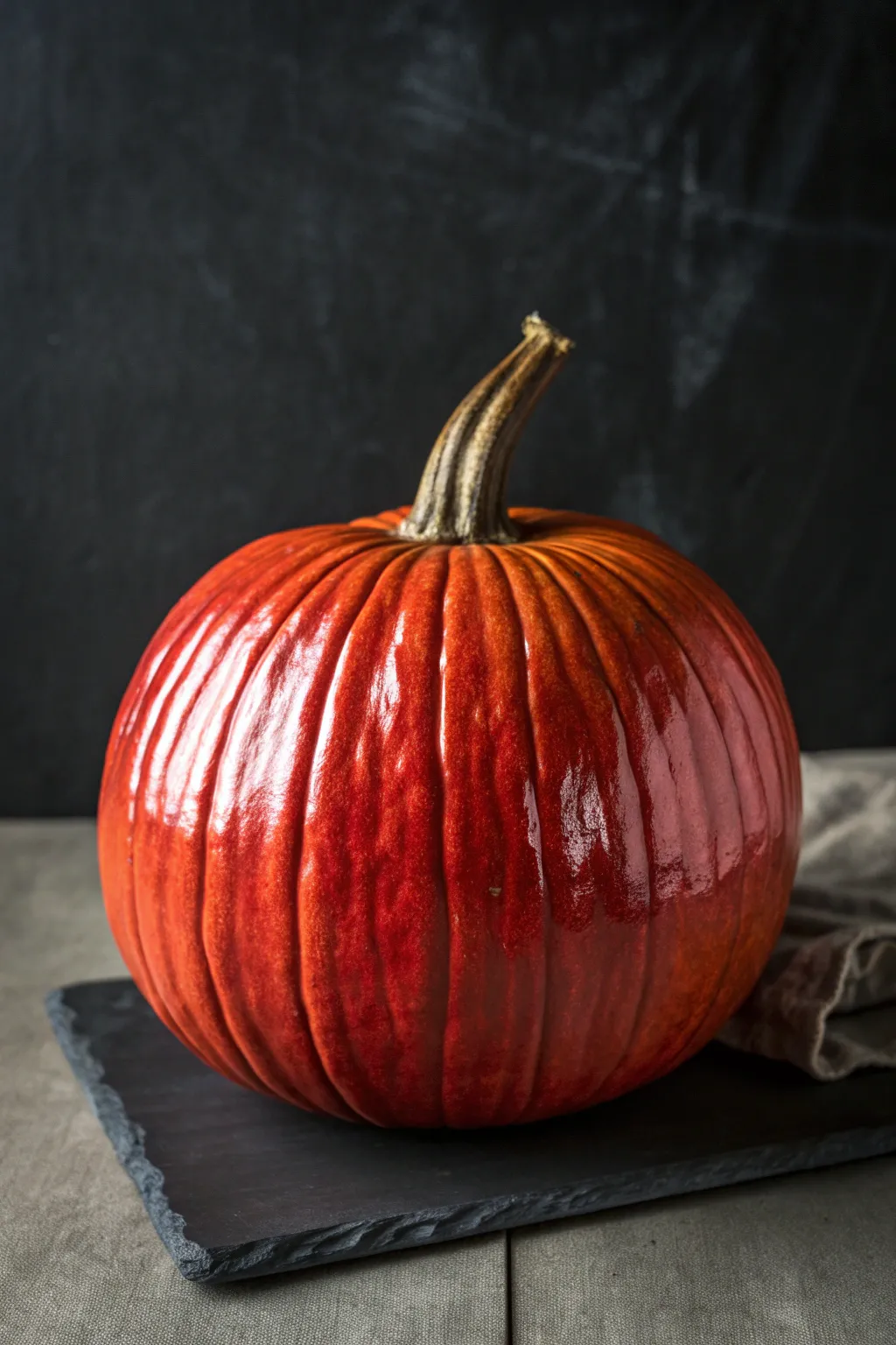 Paint this candy-apple red pumpkin glow with a crisp highlight and moody charcoal background