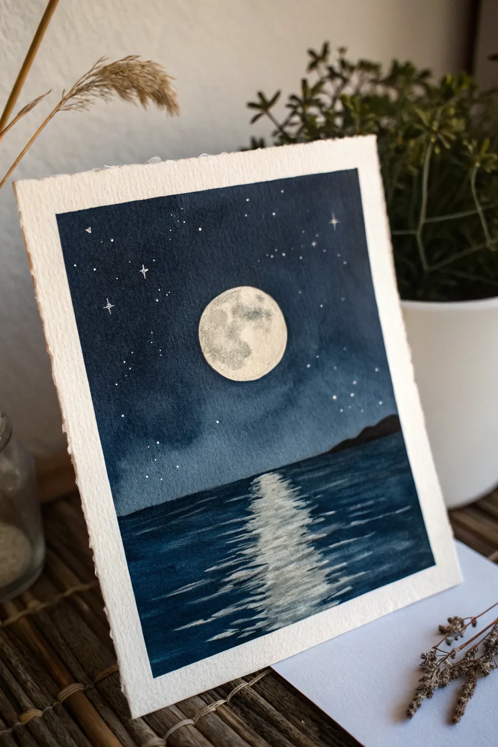 Moonlight and a calm vertical shimmer over dark water, a simple relaxing painting idea to try.