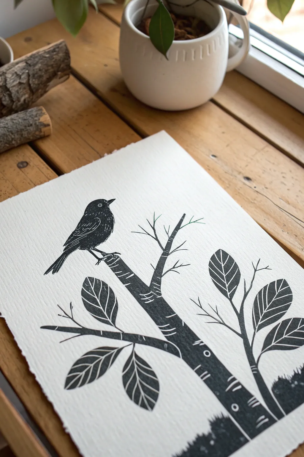Minimal linocut bird on a branch, bold contrast and airy white space for carving ideas