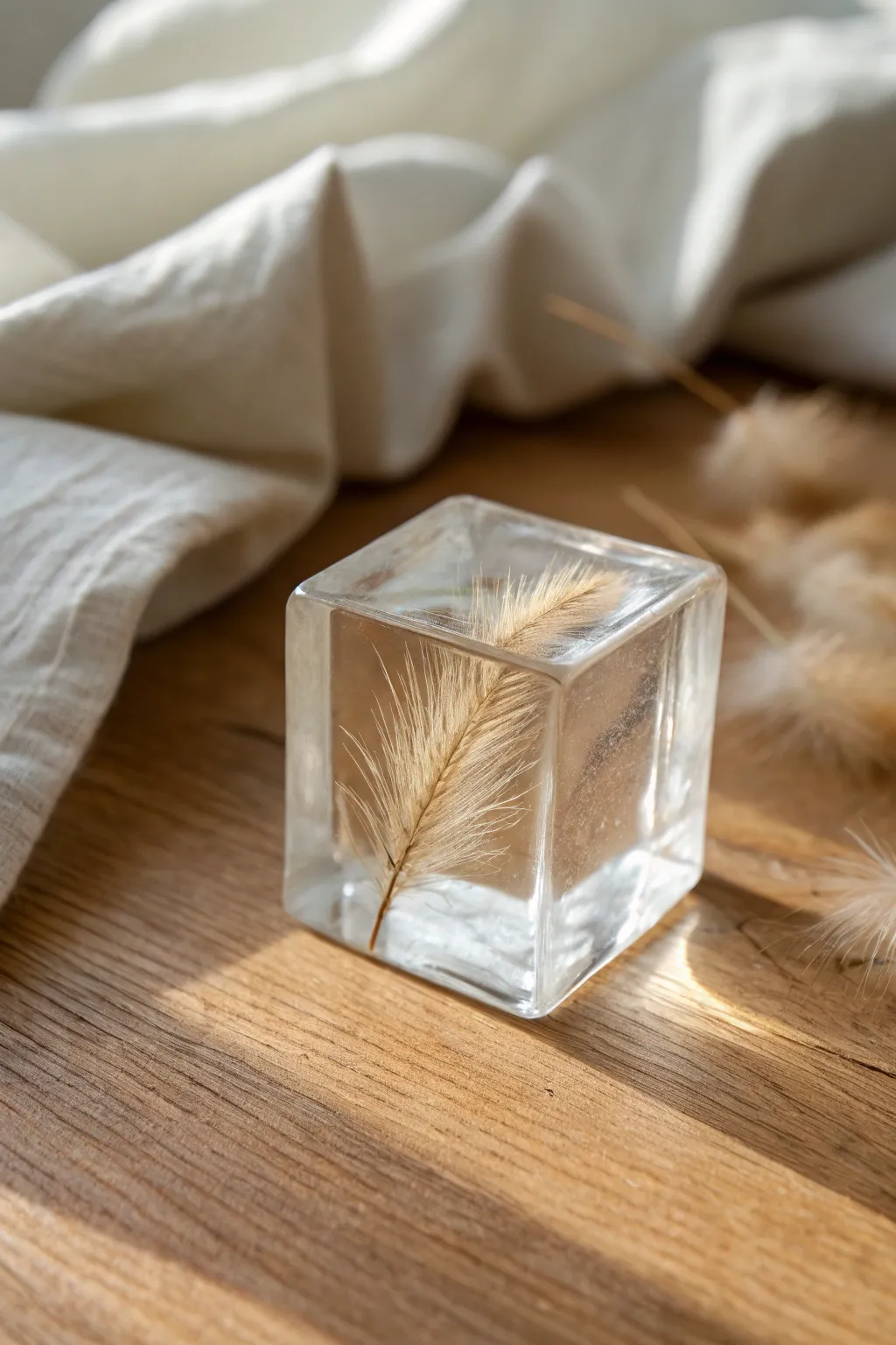 Sentimental resin memory cube with a single whisker floating in calm natural light