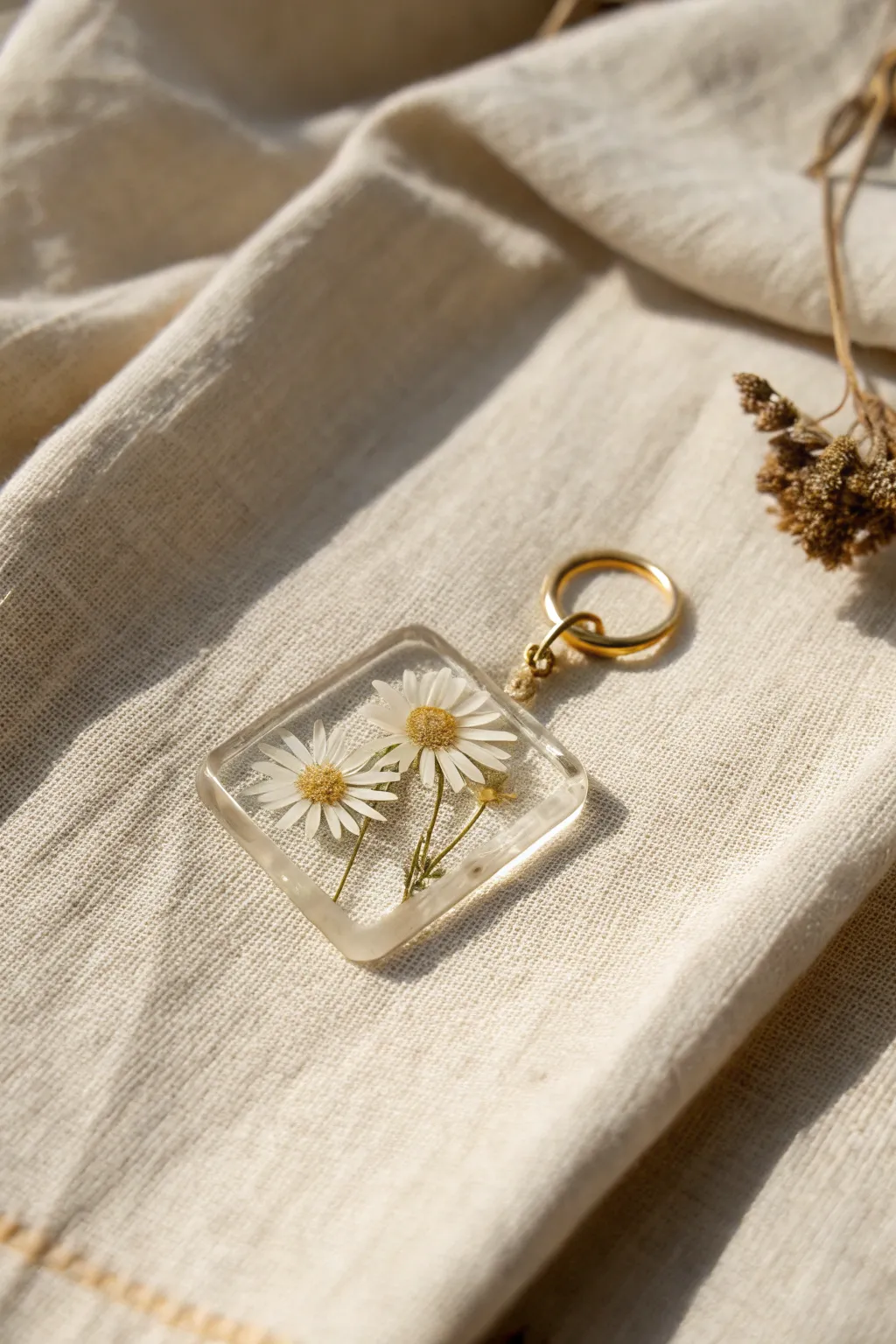 Mini resin pendant with tiny dried blooms on linen, minimalist boho craft inspiration.