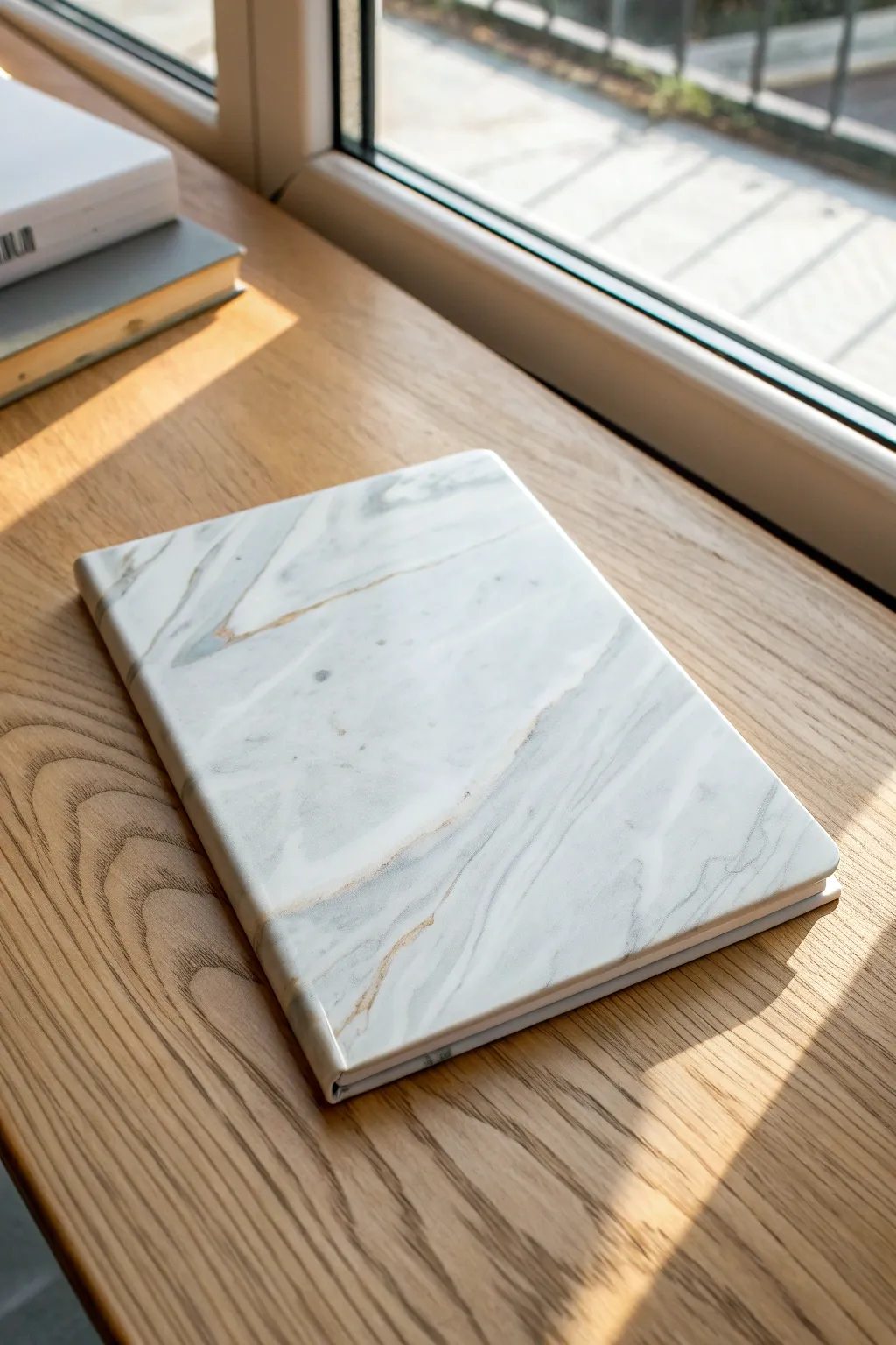 Glossy marble resin cover with soft white veining for a calm, studio-inspired notebook look.