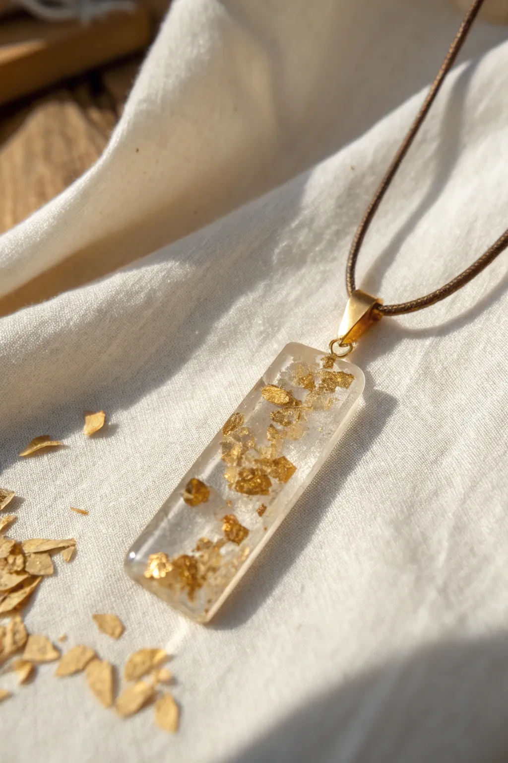 Clear resin pendant with floating gold leaf flakes, glowing in warm light for subtle shimmer