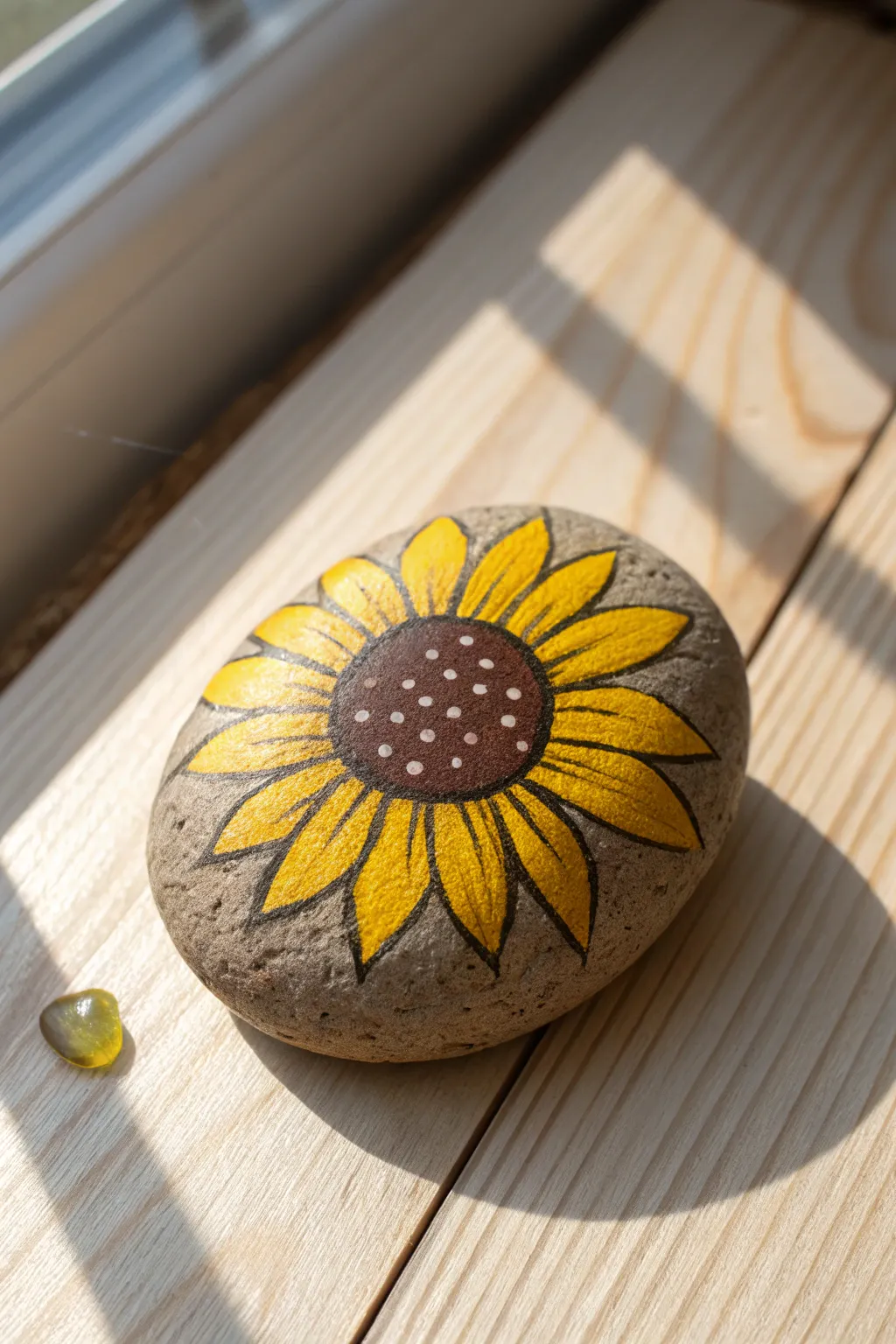 Sunflower river rock centerpiece with textured dot core, warm light and minimalist boho vibe.