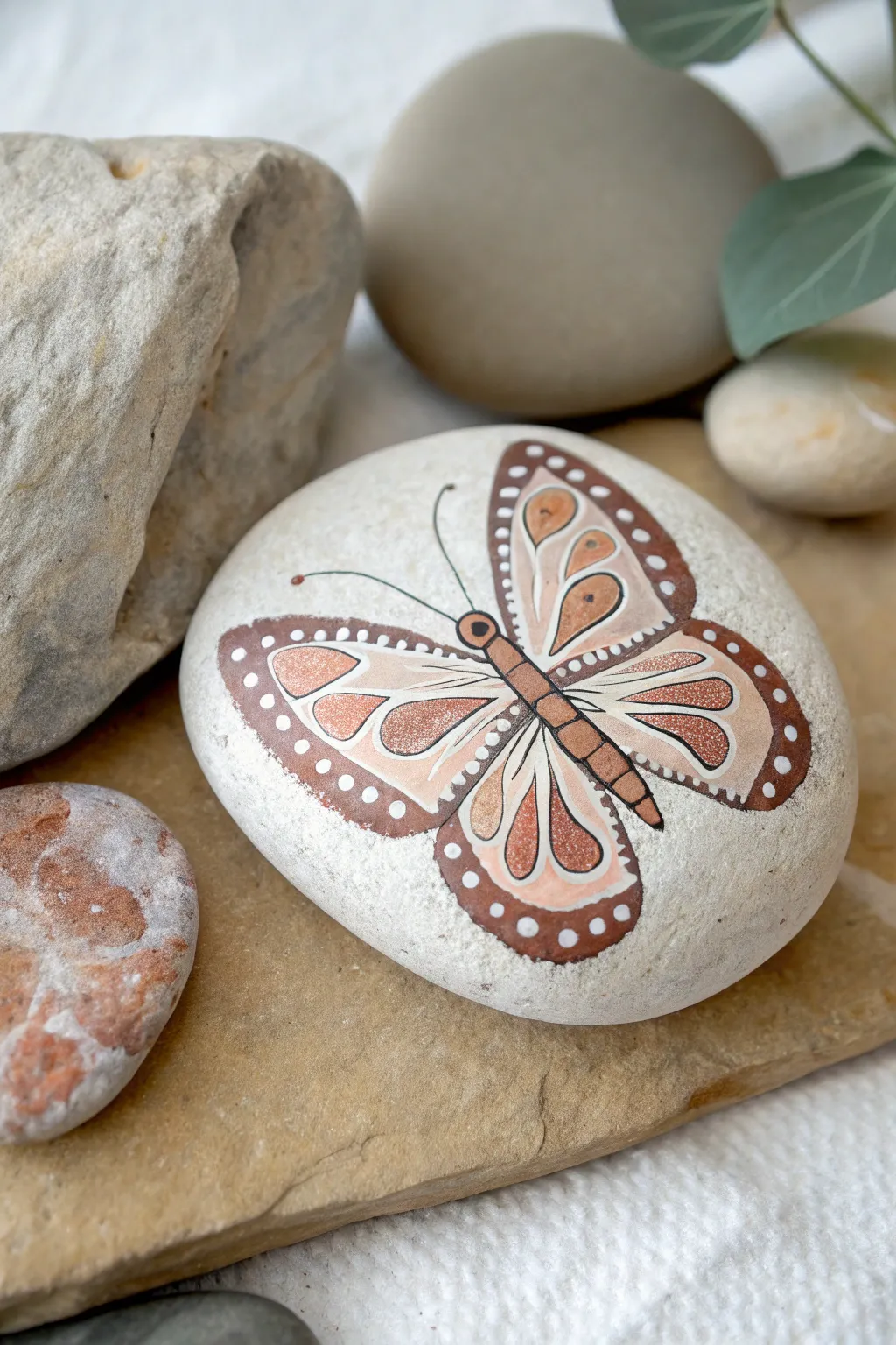 Easy butterfly wing symmetry on a smooth rock, minimalist palette with boho warmth