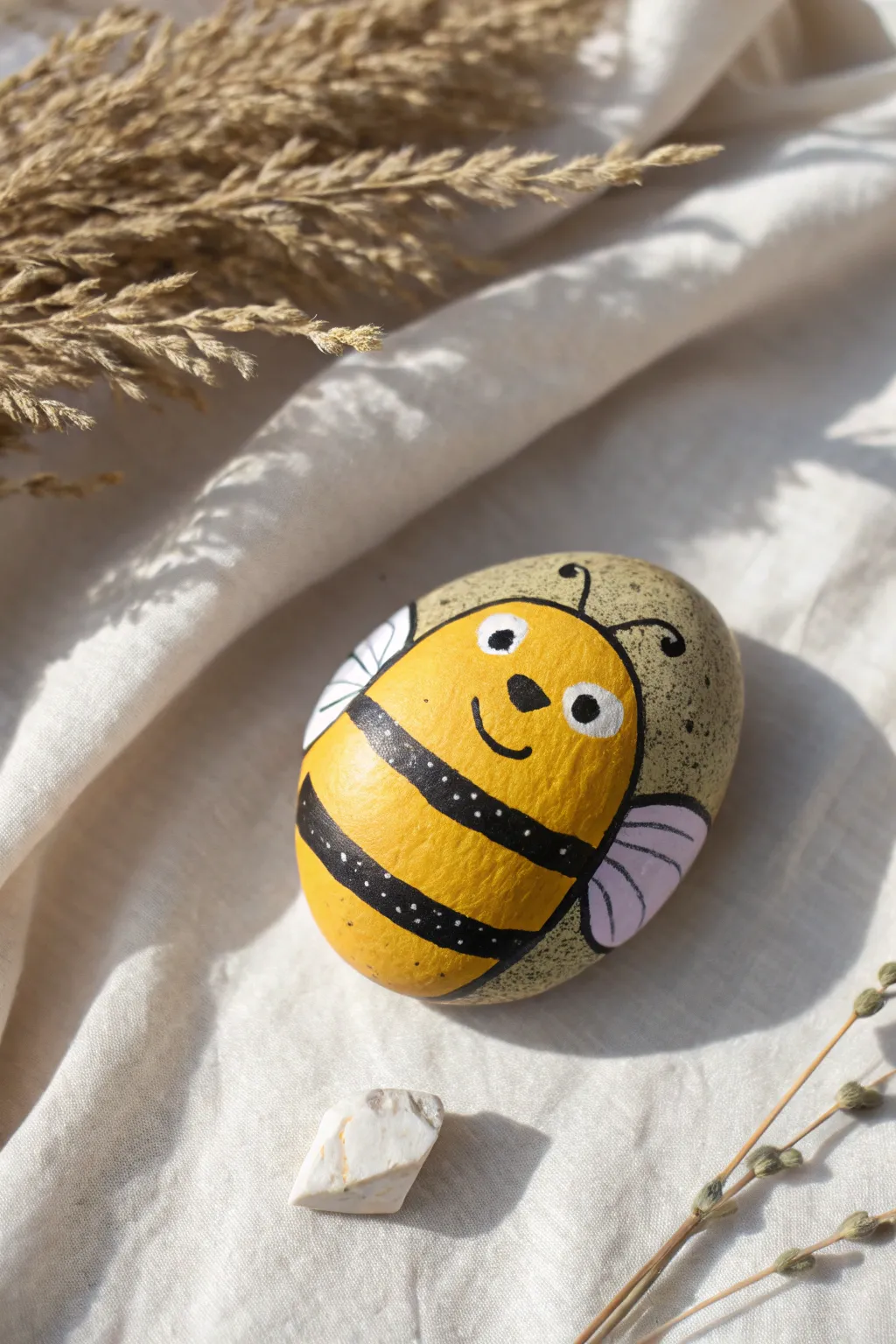 Busy bee rock painting with a hint of butterfly and caterpillar, simple and kid friendly