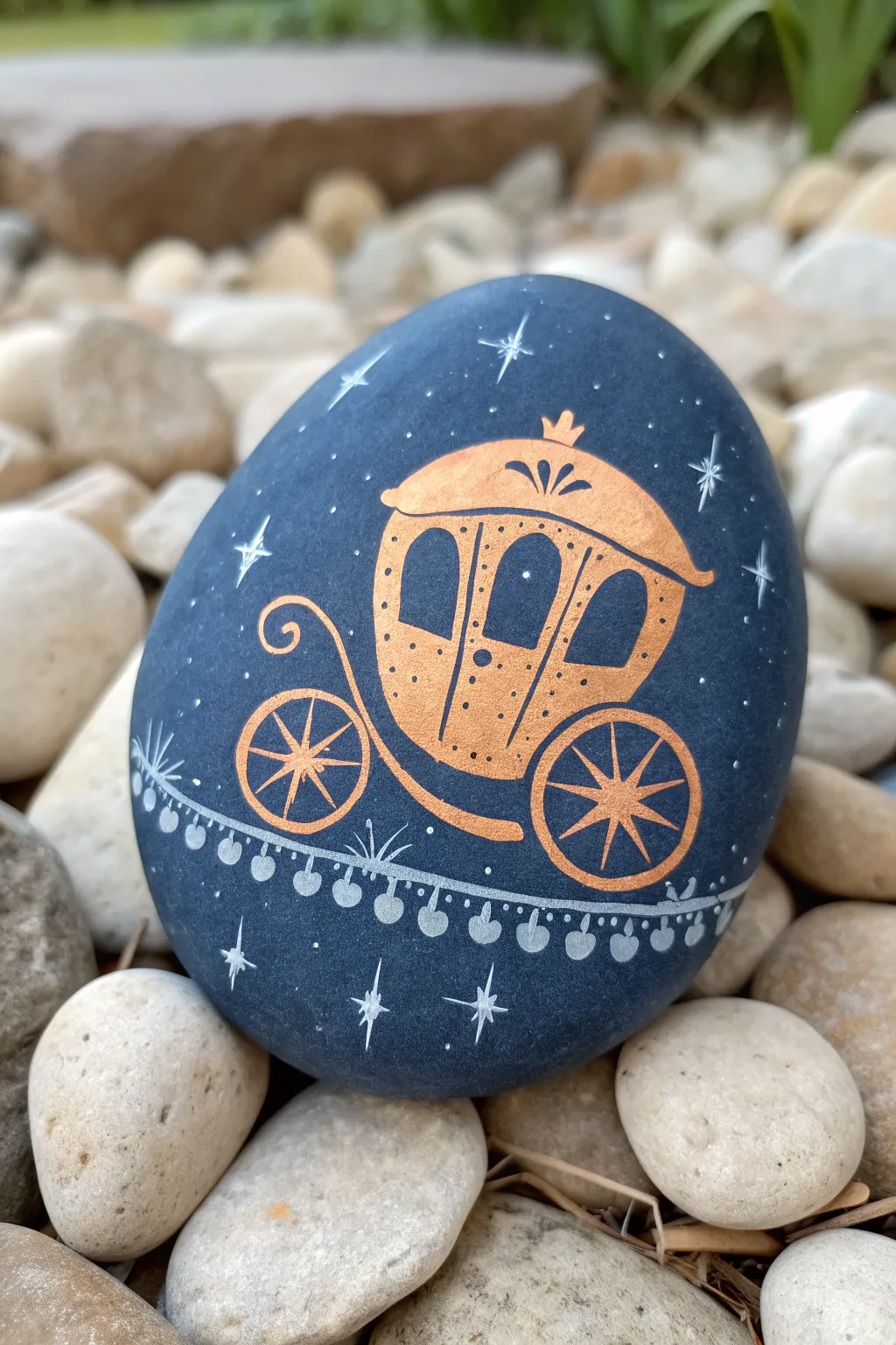 Midnight-blue rock with a glowing pumpkin carriage and starry path, minimalist and magical