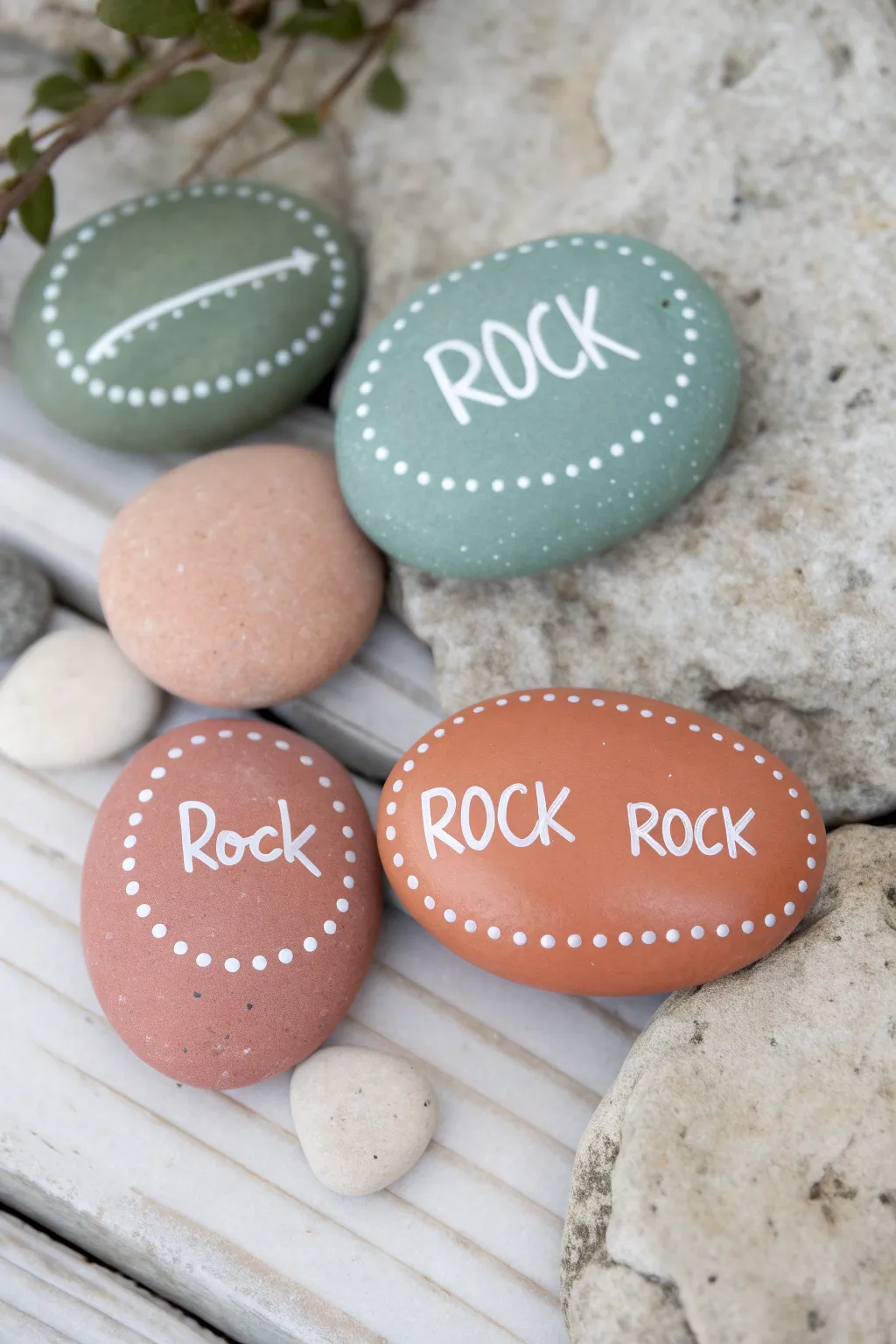 Minimalist boho word rocks in a tidy cluster, bold lettering and dot borders, high contrast.