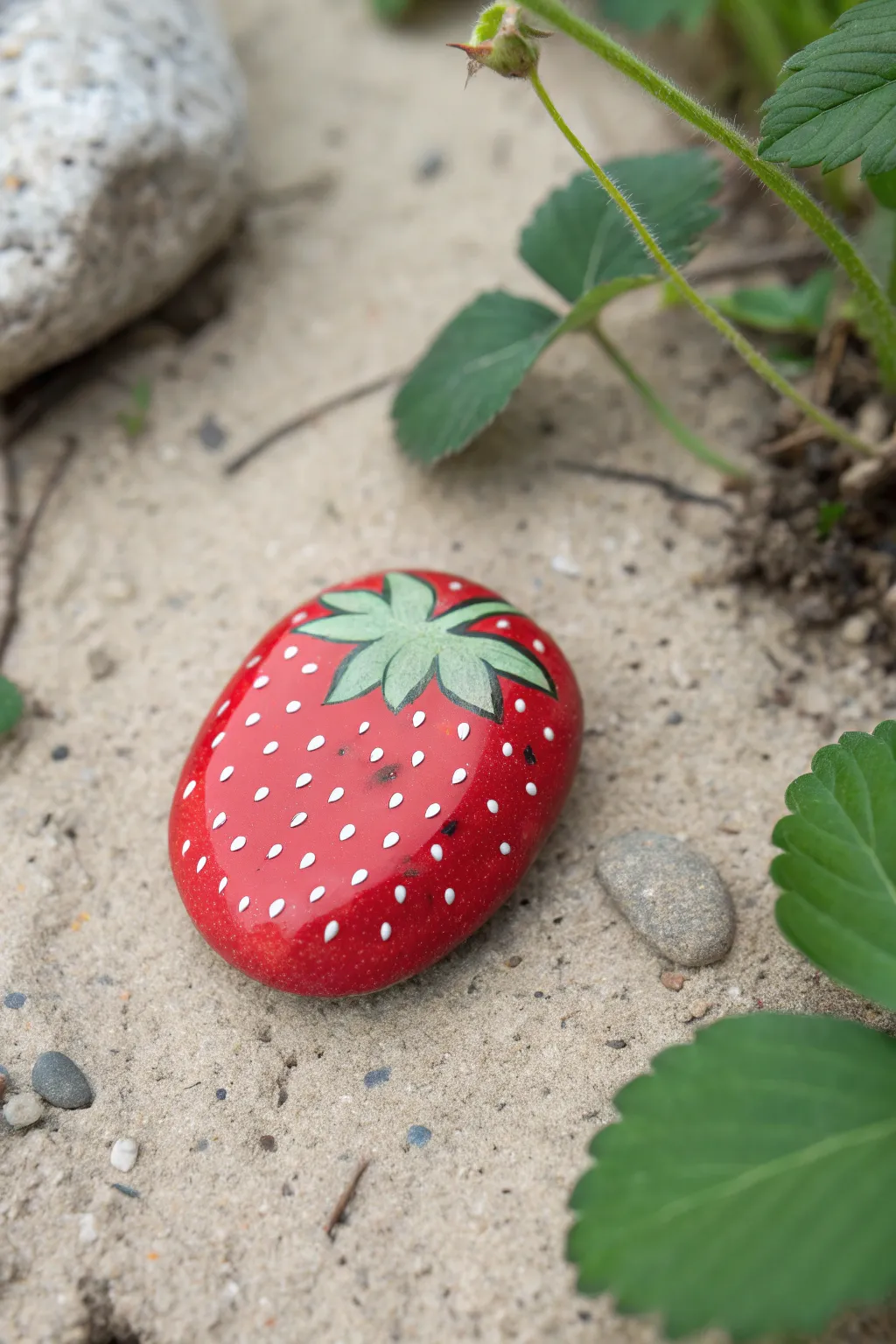 Painted strawberry rock nestled by real leaves, a sweet minimalist touch for garden borders.