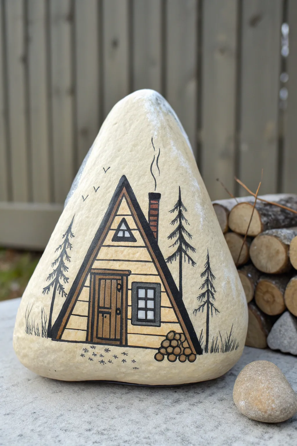 Turn a pointy stone into a cozy A-frame cabin with bold lines and a tiny woodpile.