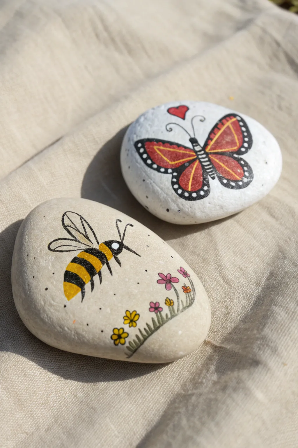 Two hand-painted rocks: striped bee and vivid butterfly, with dotted flight paths in a calm boho style