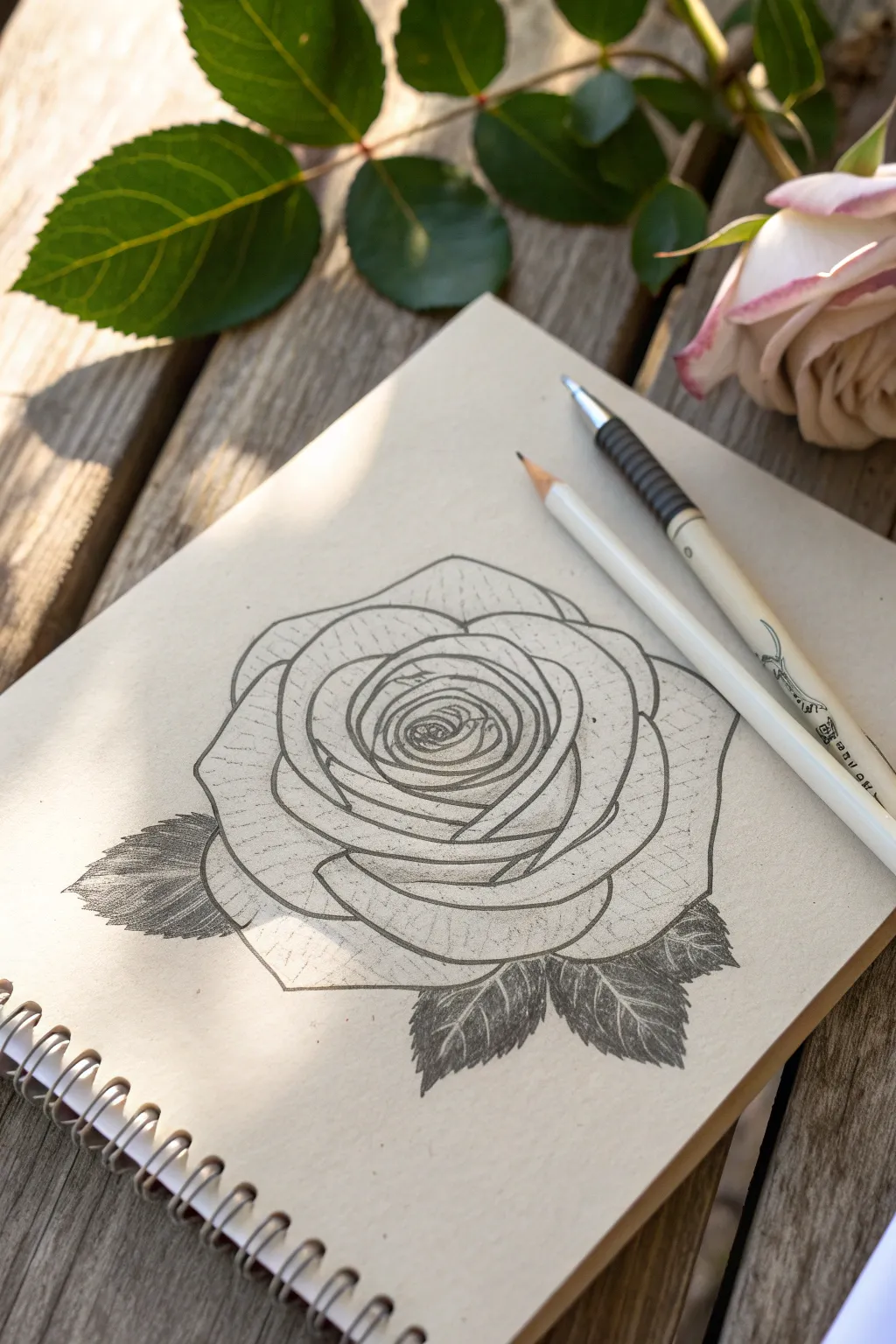 Top-down rose spiral sketch with soft guiding arcs, perfect for mapping layered petals