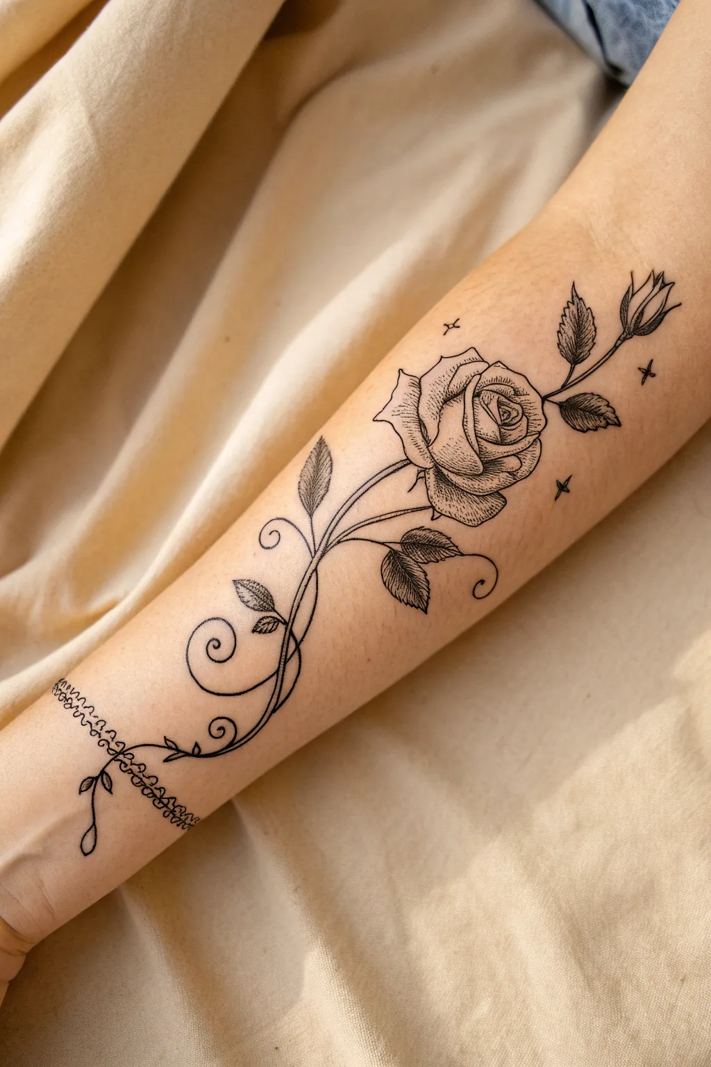 Minimal rose vine wraparound tattoo, spiraling like a bracelet with one bloom and buds
