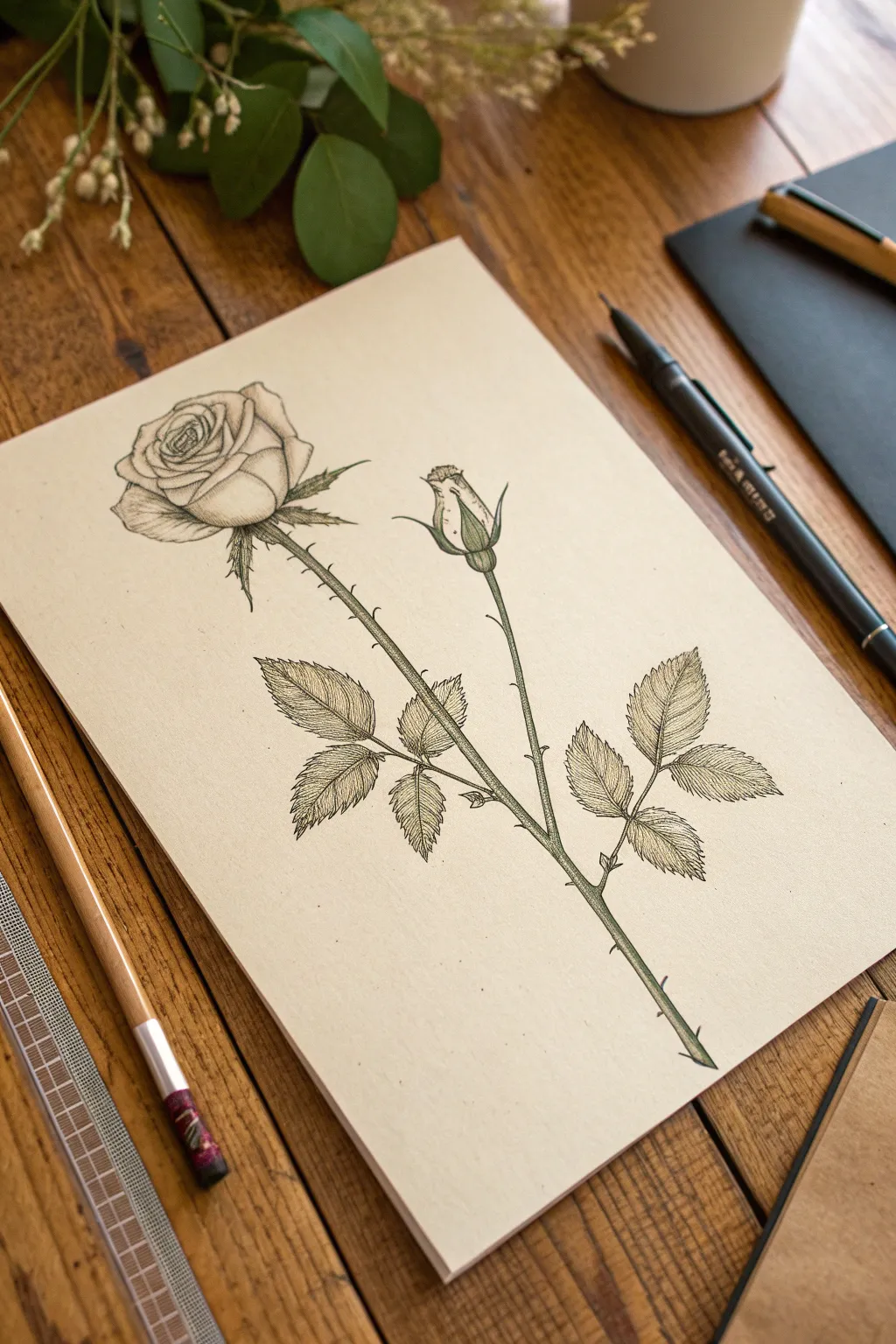 Minimalist single-stem rose sketch with thorns and serrated leaves for easy drawing practice