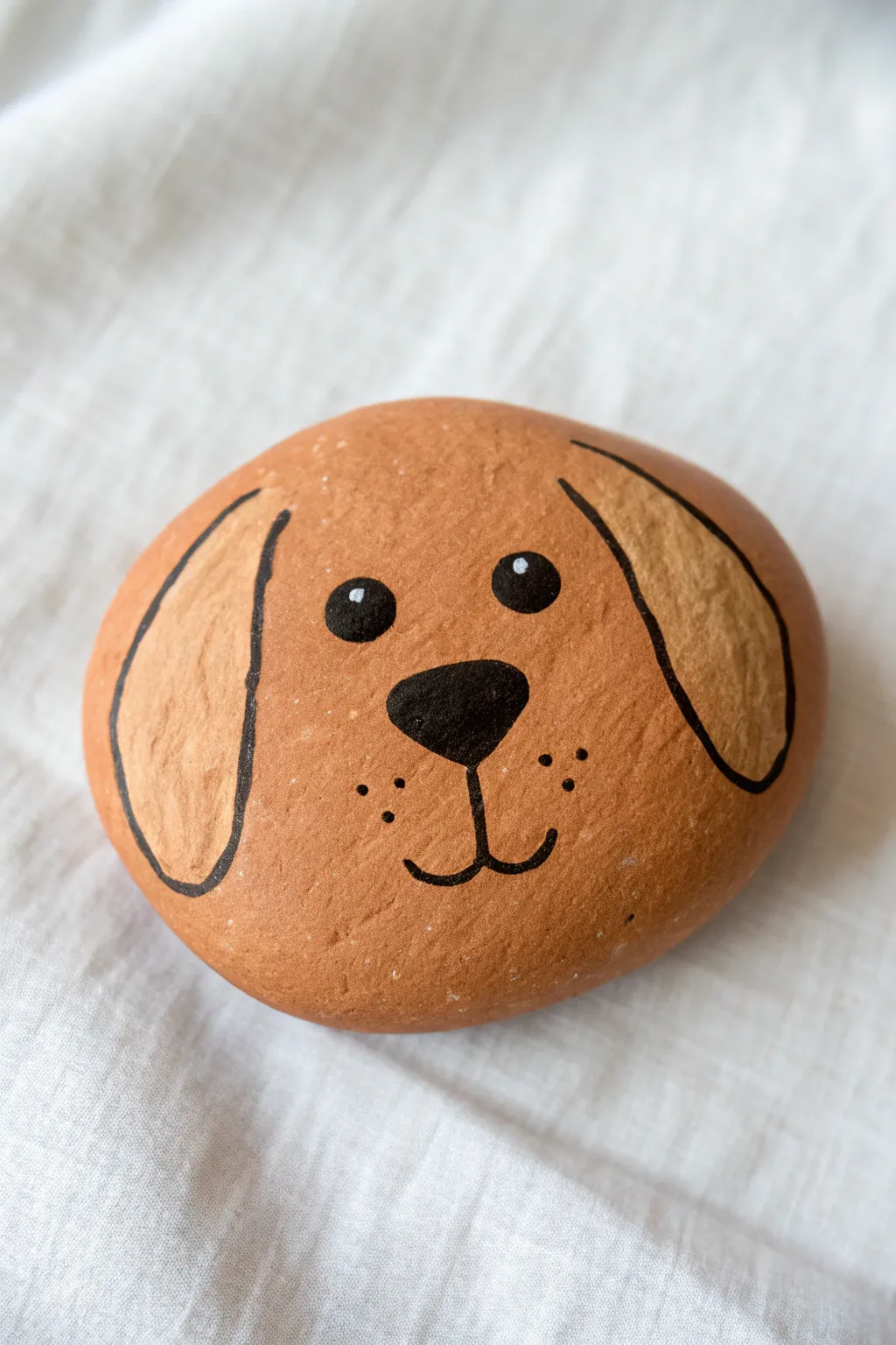 Puppy nose pet-rock portrait in warm boho neutrals, centered and crisp on linen backdrop.