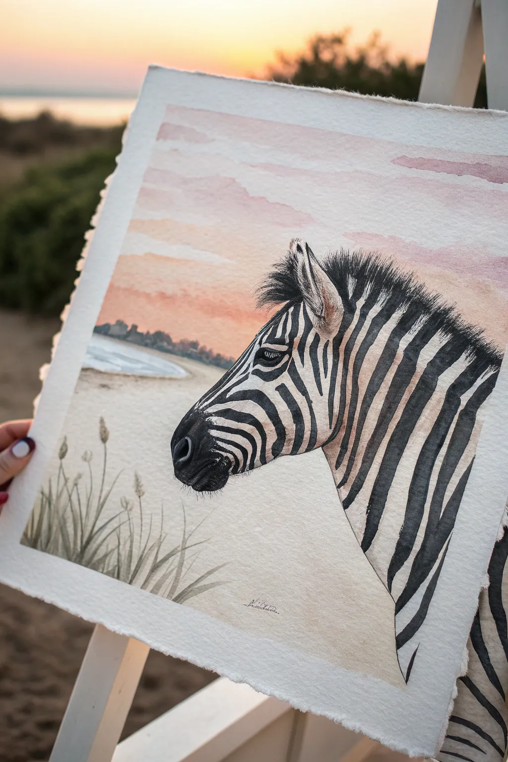 Bold zebra stripes over a soft sunset wash, a minimalist masking project for safari vibes.