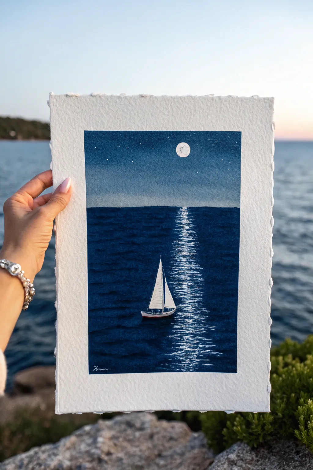 Moonlit sailboat with silver reflections, minimalist night palette, easy to paint.