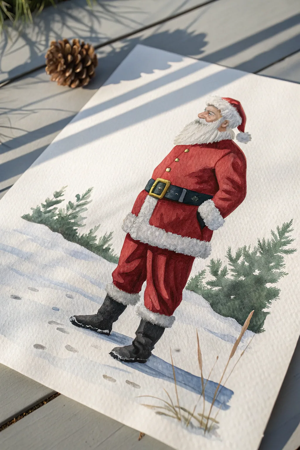Minimal full-body Santa with black belt and gold buckle, a chic Scandinavian holiday painting idea