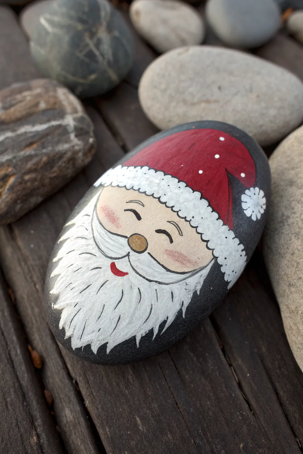 Winking Santa rock with simple lines and cozy contrast, perfect for minimalist holiday painting