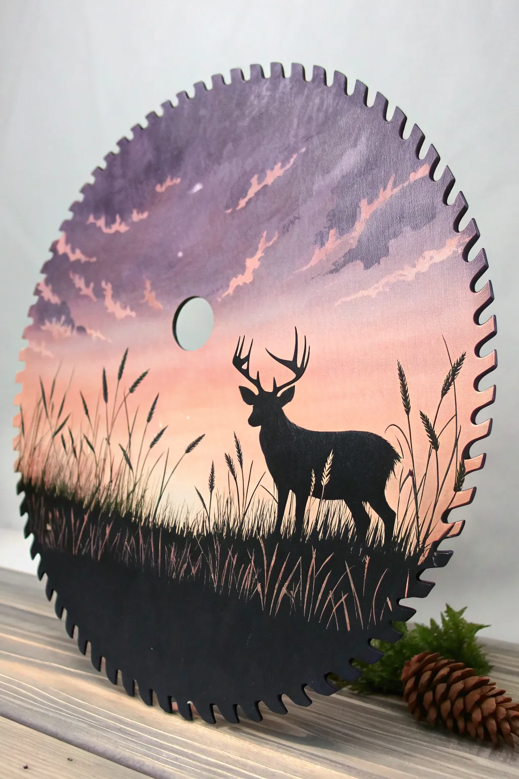 Minimal saw blade art: bold deer silhouette in meadow against a soft dusk gradient.