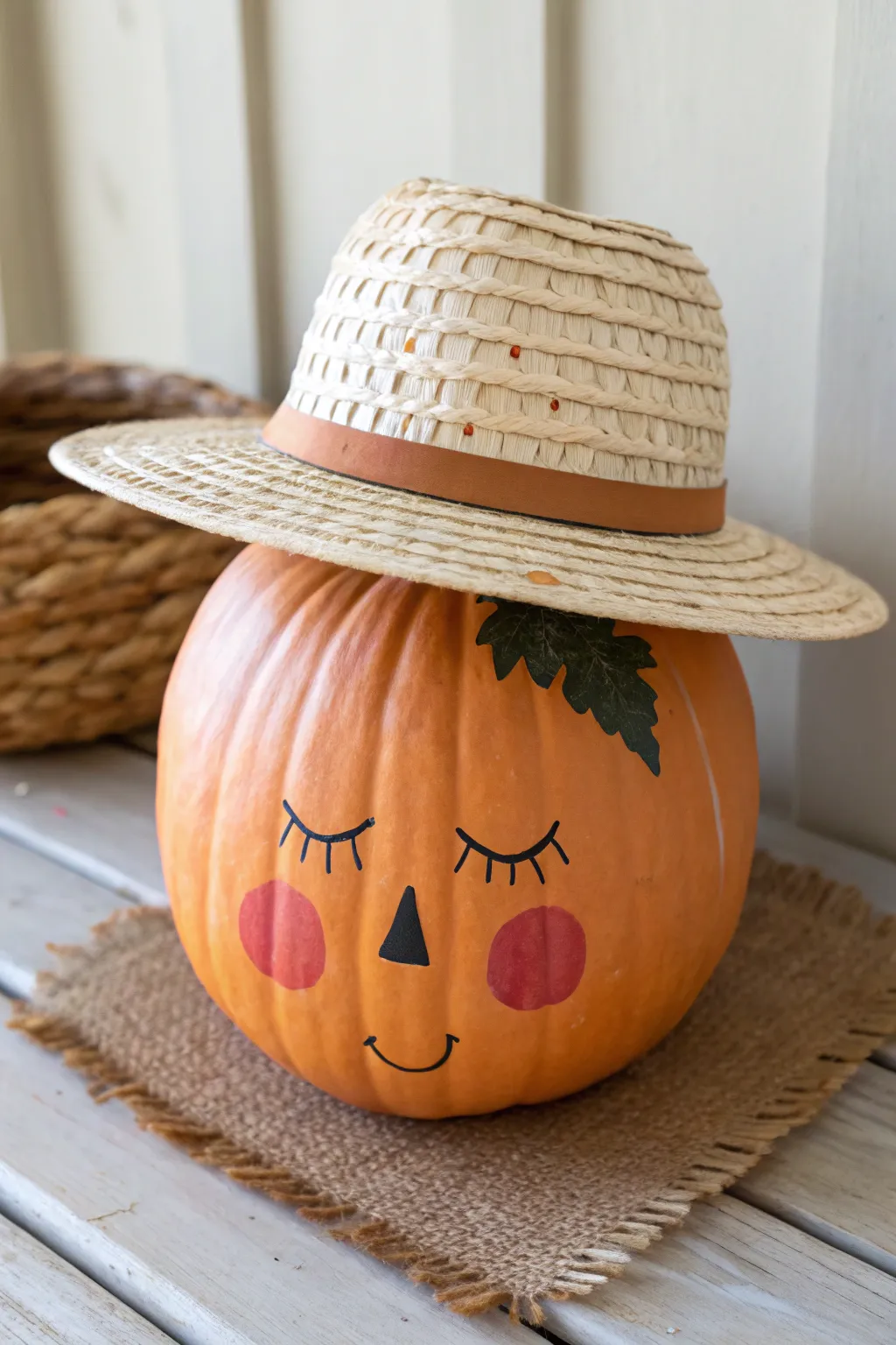 Minimal boho scarecrow pumpkin with a straw hat, soft shadows, and cozy autumn charm