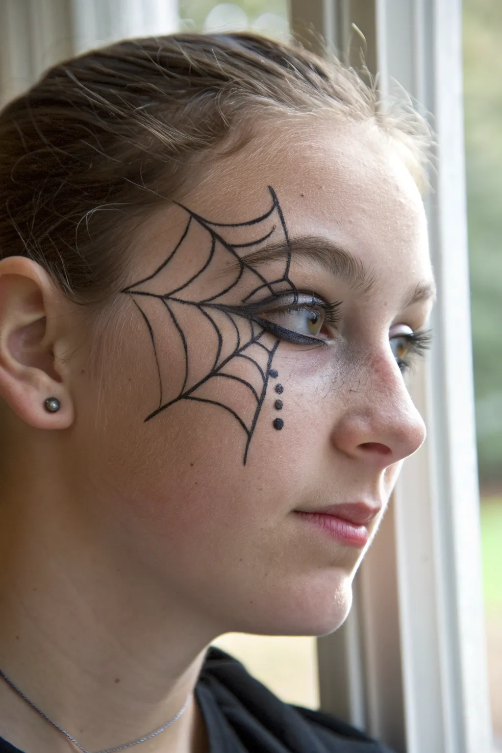 Minimal witchy spiderweb around one eye, easy lines for a chic and spooky face paint look