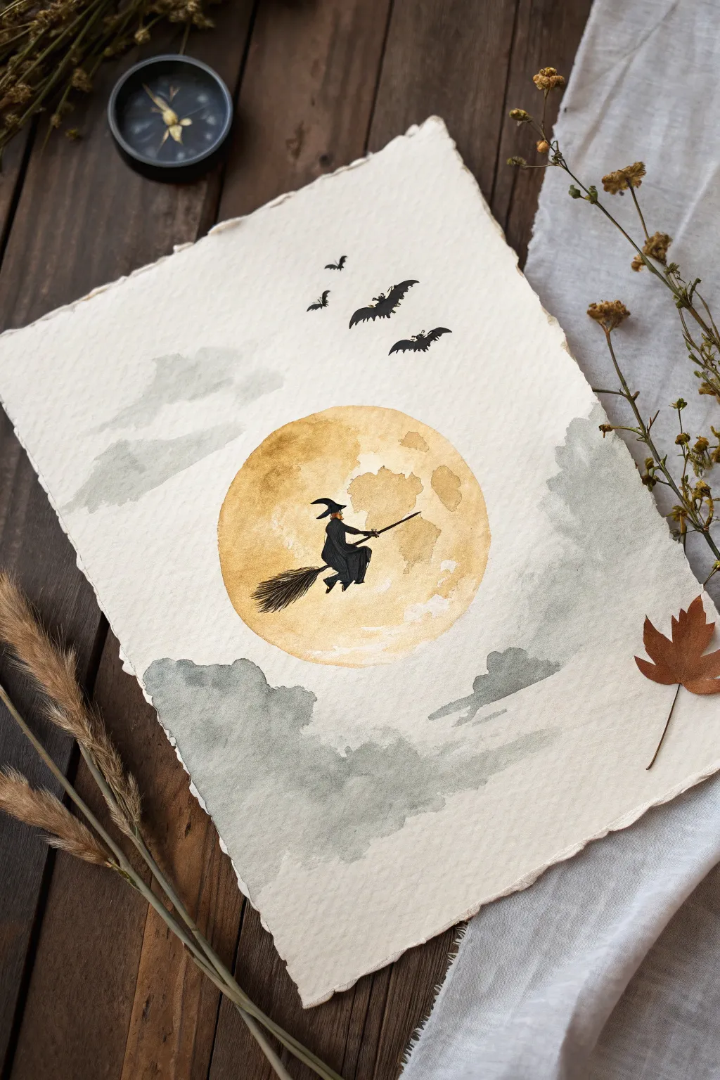 Spooky minimalist witch silhouette gliding across a glowing moon, perfect for Halloween art.