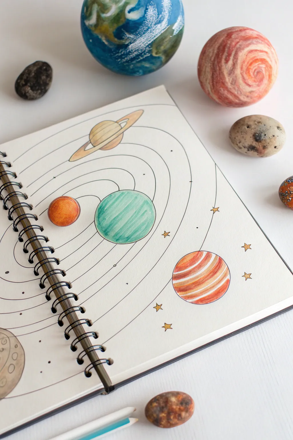 Bold pastel planets on a minimalist solar system page, perfect for colorful science art practice