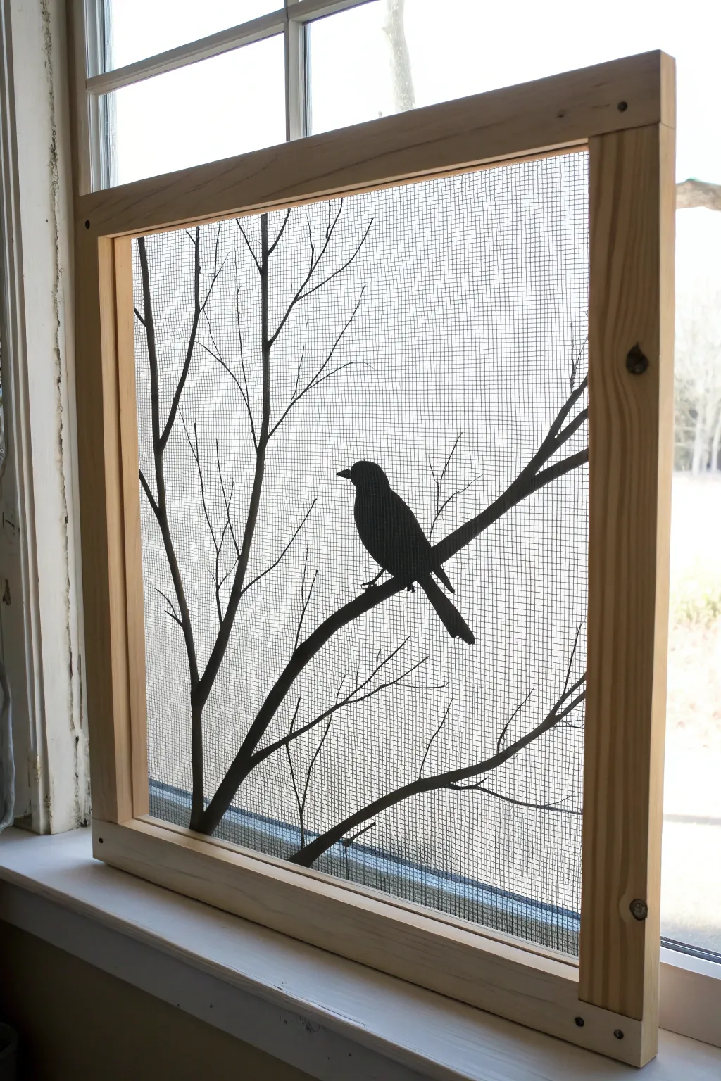 Bold black bird silhouette on airy wire mesh, a minimalist screen painting with striking contrast.