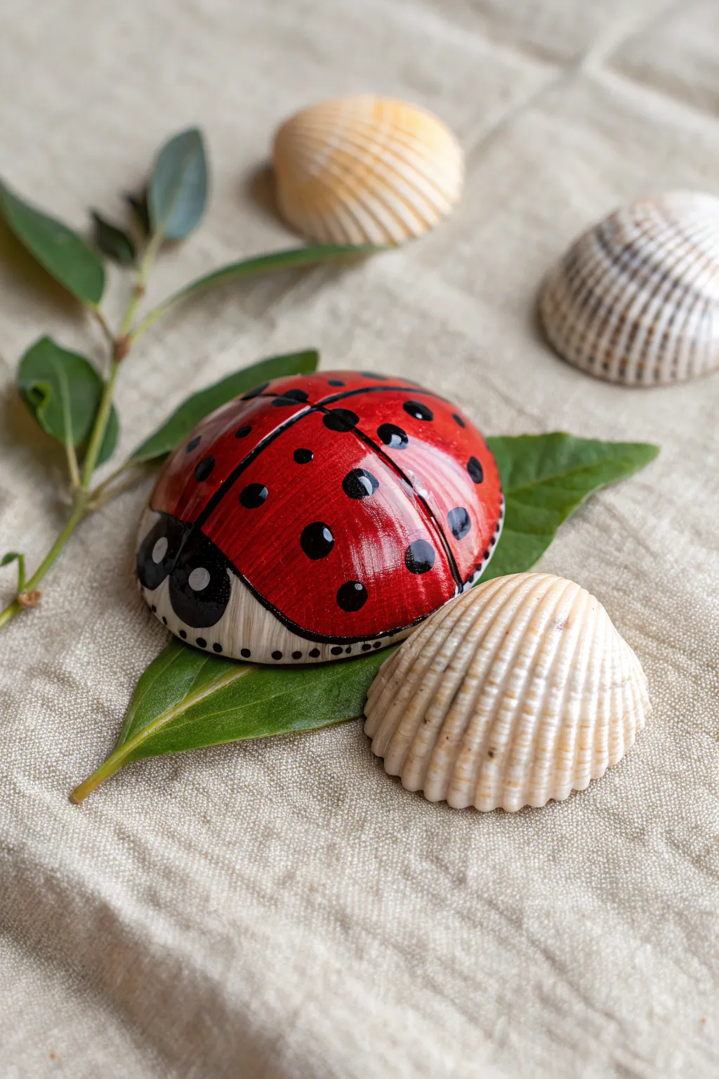 Turn smooth shells into high-gloss ladybugs for a whimsical touch of garden nature.