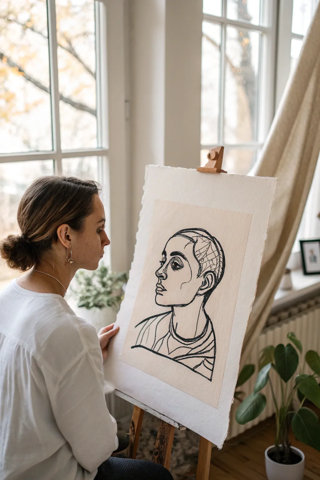 Brave and playful blind contour self-portrait with bold ink lines and soft wash accents.