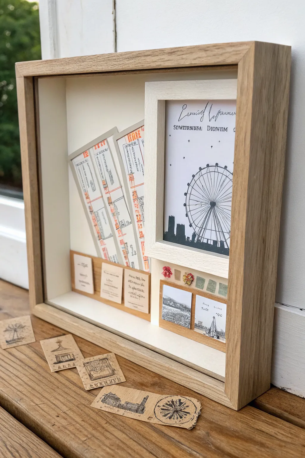 Layered ticket-stub shadow box in minimal boho tones, crafted depth with bold contrast.