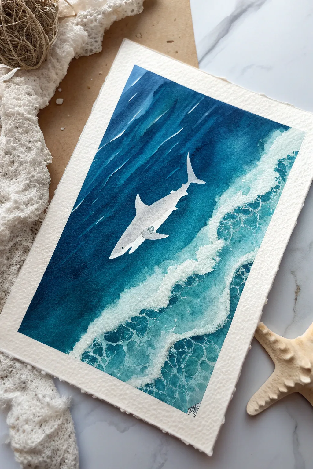Minimal negative space shark silhouette set in layered blue water, calm Scandinavian-boho mood